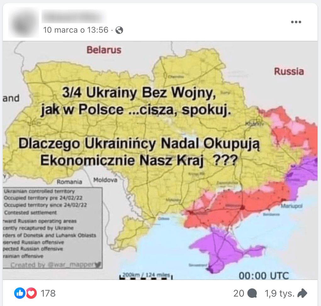 Zrzut ekranu omawianego posta na Facebooku. Na grafice znajduje się mapa Ukrainy z zaznaczonymi terenami, na których toczą się walki oraz ziemiami anektowanymi przez Rosję.