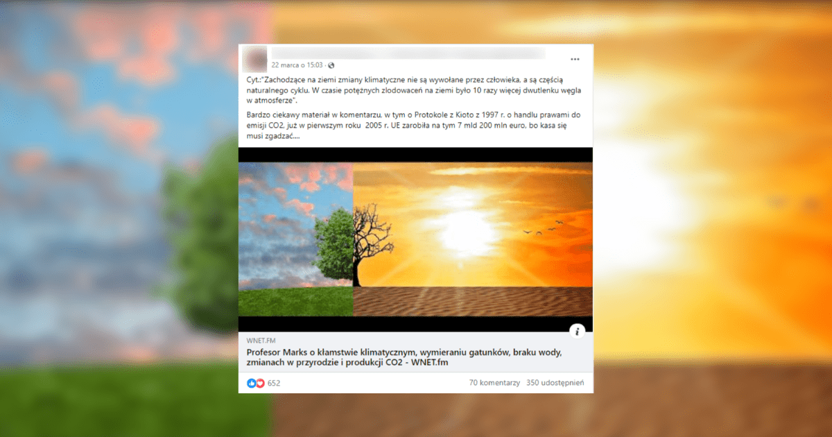 screen z facebook, w tle fotografia drzewa i słońca