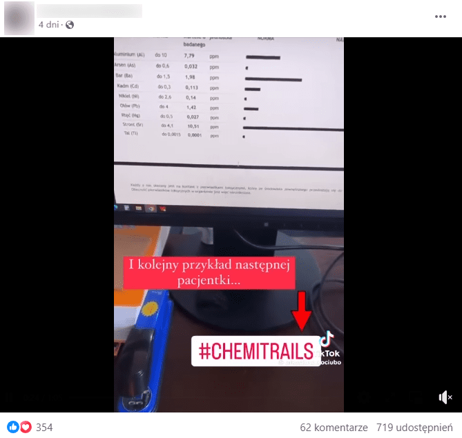 Zrzut ekranu na Facebooku, do którego dołączono popularny filmik o chemtrails. Na stopklatce widać ekran komputera z wynikami analizy pierwiastkowej włosa.