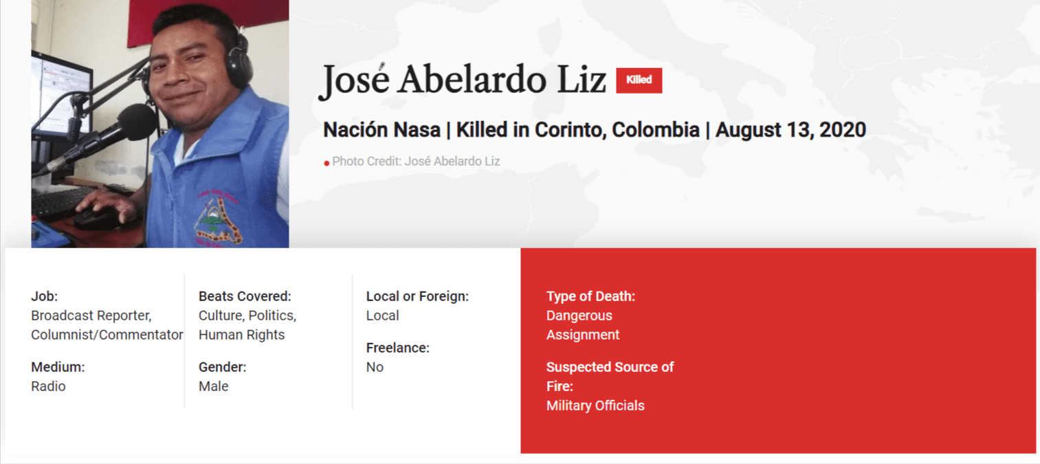 Zrzut ekranu ze strony Committee to Protect Journalists, na której pokazano wybrane szczegóły sprawy związanej ze śmiercią dziennikarza Jose Abelardo Liza.