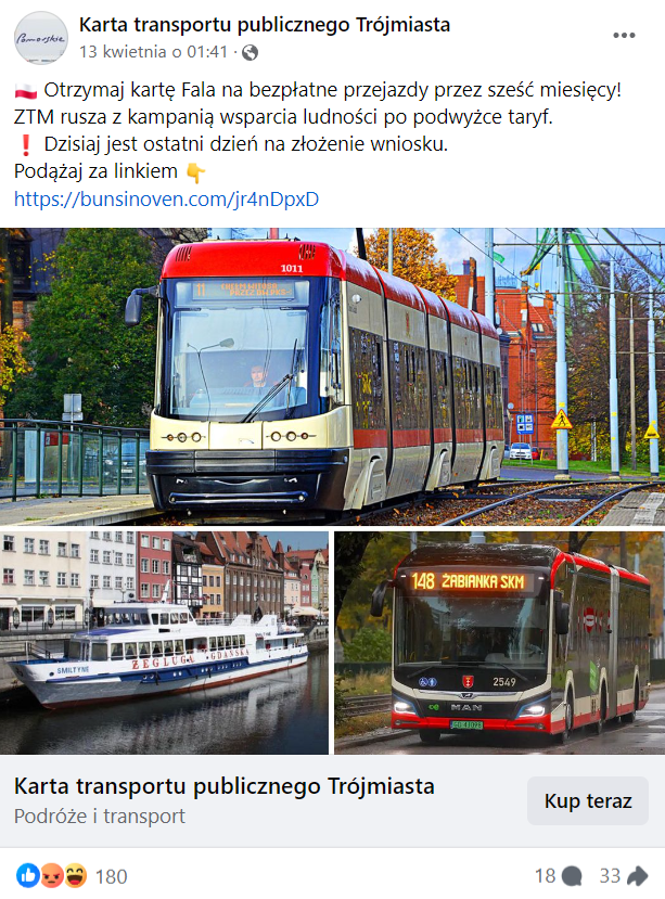 Zrzut ekranu wpisu na Facebooku, w którym zachęcano do pozyskania darmowych przejazdów na terenie Trójmiasta. We wpisie przedstawiono gdańskie tramwaje, autobusy oraz prom.
