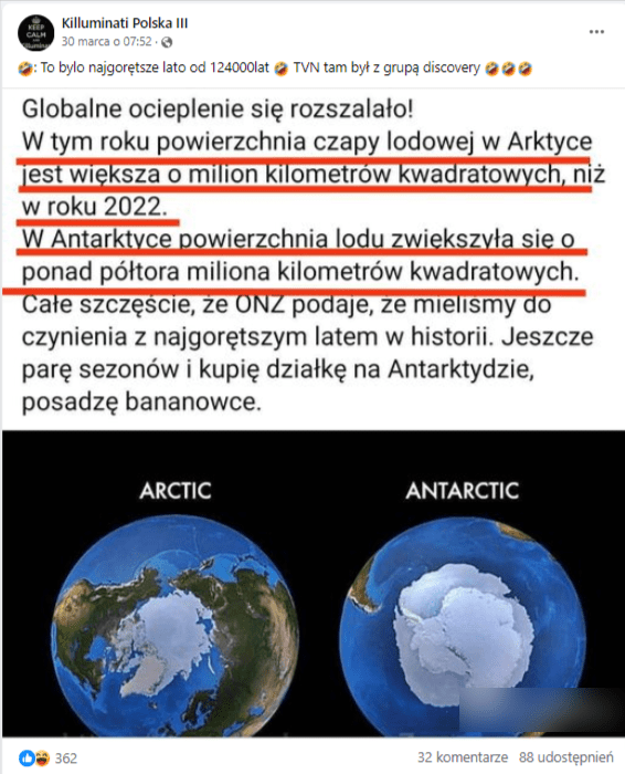 Wpis na Facebooku zawierający grafikę z informacjami o zwiększaniu się pokrywy lodowej w Arktyce i na Antarktydzie. Do wpisu dołączono zdjęcie, na którym widać obydwa rejony z perspektywy kosmicznej