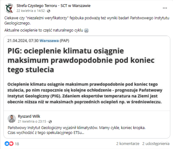 Wpis na stronie „Strefa Czystego Terroru – SCT w Warszawie” na facebooku podający dalej post posła Ryszarda Wilka z fragmentem tekstu opublikowanego przez PAP