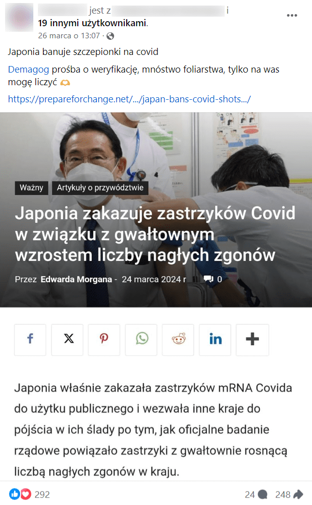 Zrzut ekranu wpisu na Facebooku, w którym podano, że w Japonii zakazano szczepień w związku ze wzrostem liczby nagłych zgonów.