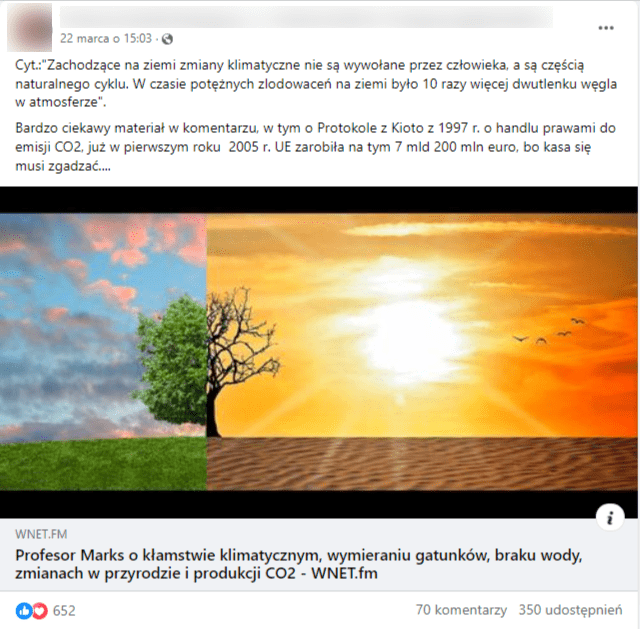 Wpis na Facebooku z linkiem do rozmowy. Link okraszony jest grafiką, na której po lewej stronie znajduje się trawa, z której wyrasta pojedyncze drzewo na lekko zachmurzonym niebieskim niebie. Drzewo, niebo i trawa przedzielone są na pół wieczornym zdjęciem pustyni, gdzie druga część drzewa jest wyschnięta, zamiast trawy jest piasek, a niebo rozświetla Słońce