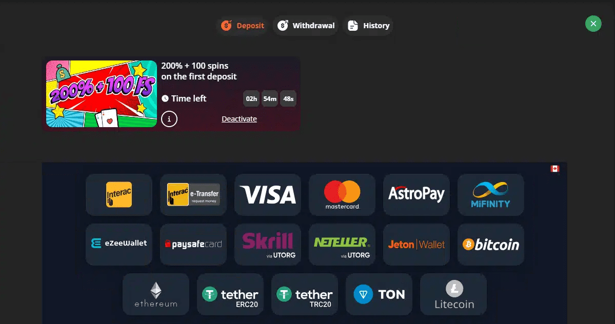 Zrzut ekranu ze strony internetowej kasyna. Prośba o dokonanie wpłaty, która gwarantuje otrzymanie bonusu. Możliwość płatności kartą, jak i kryptowalutami. 