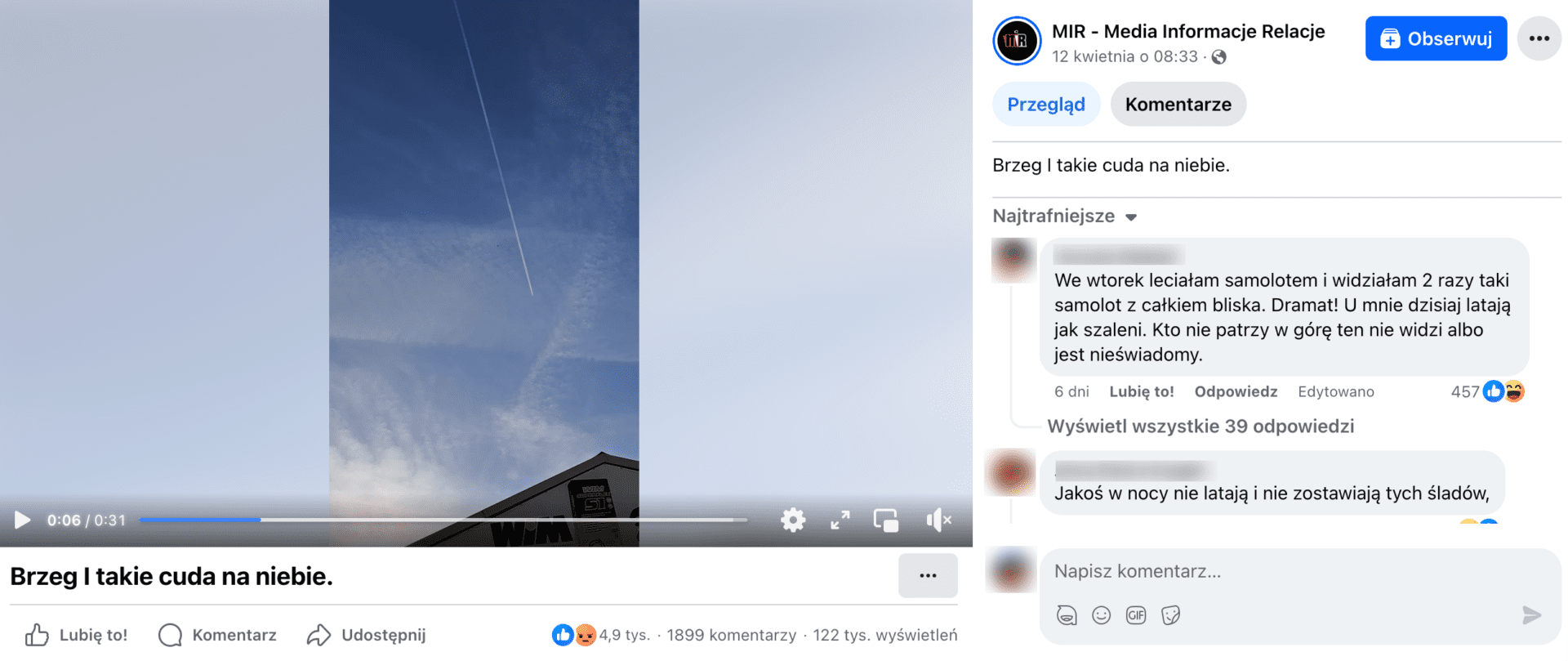 Zrzut ekranu posta na Facebooku. Widoczne jest niebo po przelocie samolotu. Wpis zdobył ponad 4,9 tys. reakcji, 1 899 komentarzy i ponad 122 tys. wyświetleń.