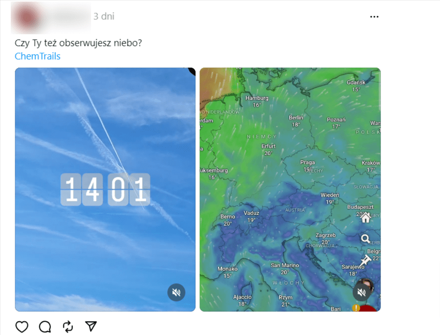 Wpis na Threads zawierający zdjęcie niebieskiego nieba pokrytego smugami kondensacyjnymi oraz mapy pogodowej Europy.