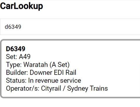 Wynik wyszukiwania z bazy CarLookup na którym widać dane dotyczące pociągu D6349 - Set: A49, Type: Waratah (A Set), Builder: Downer EDI Rail, Status: In revenue service, Operator/s: Cityrail/Sydney Trains