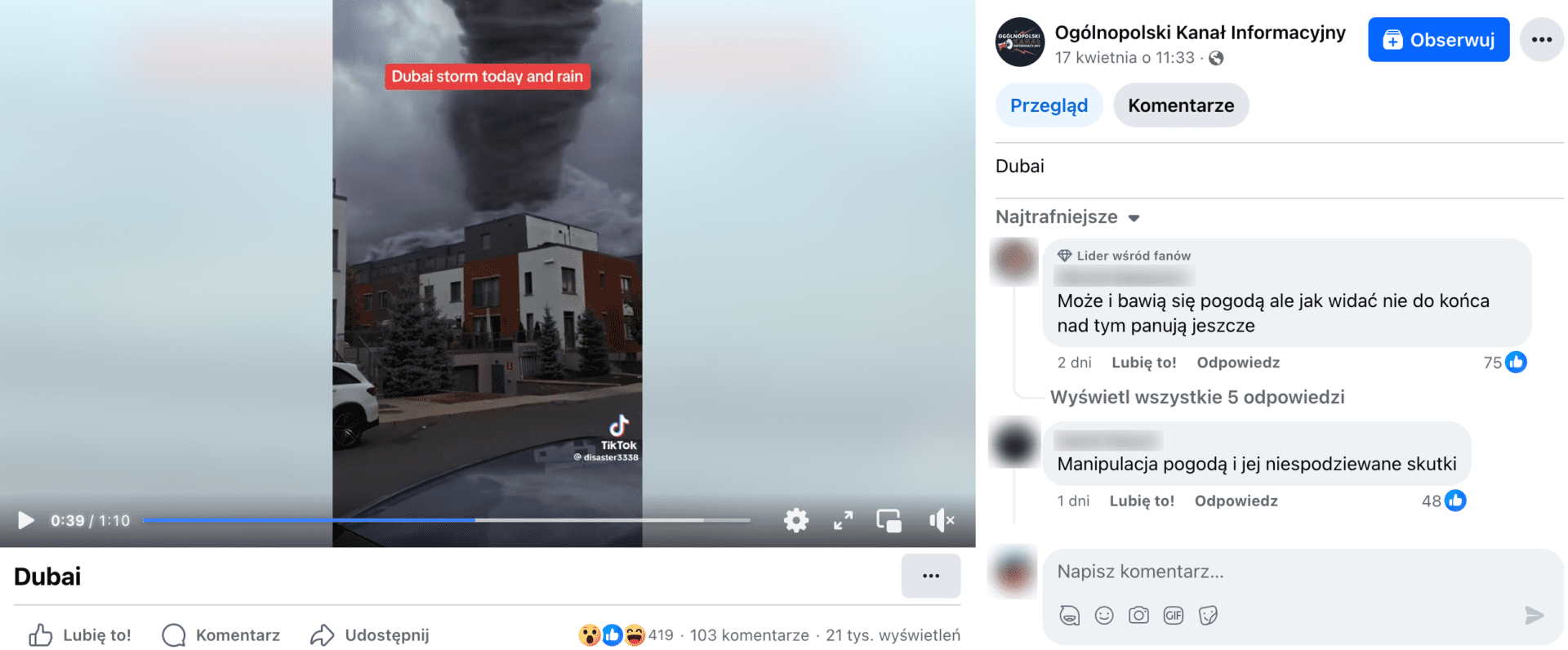 Zrzut ekranu omawianego nagrania. W kadrze widoczny jest budynek, a za nim tornado. Film ma ponad 400 reakcji, ponad 100 komentarzy i ponad 21 tys. wyświetleń.