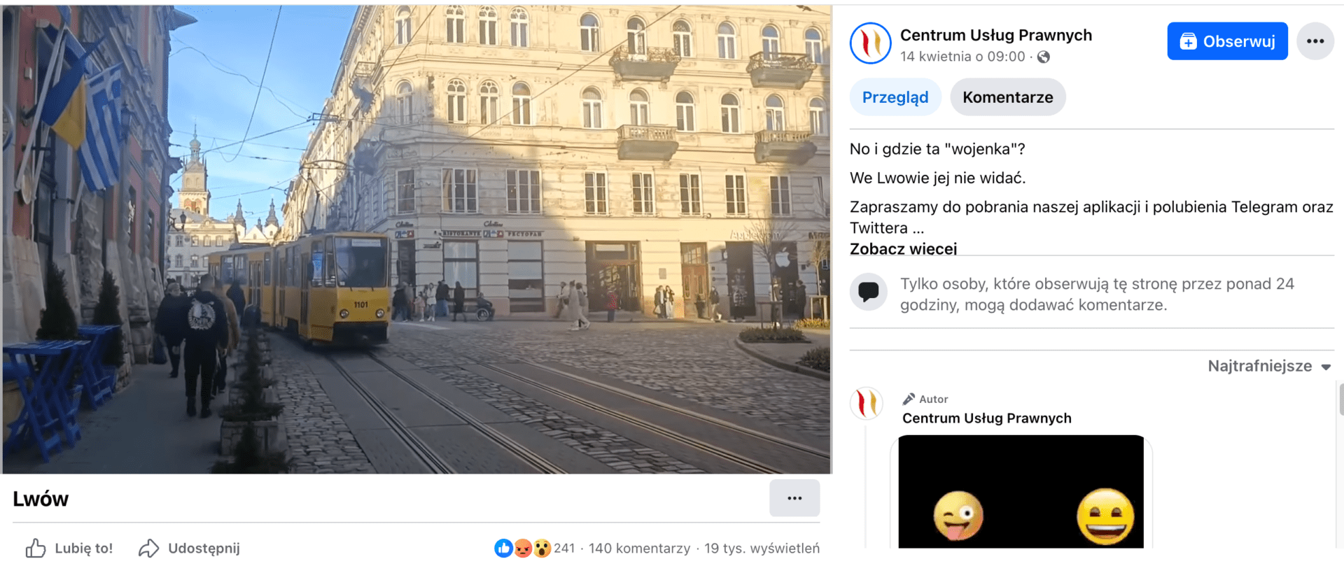 Zrzut ekranu posta na Facebooku. W kadrze pokazano ulice Lwowa: przejeżdżający trwaj, przechodniów, pogodne niebo.