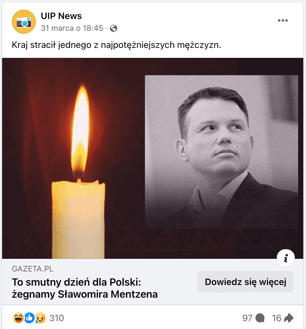 Zrzut ekranu posta na Facebooku. Dołączono do niego zdjęcie płonącej świeczki. Obok wklejono czarno-białe zdjęcie Sławomira Mentzena w garniturze i białej koszuli.