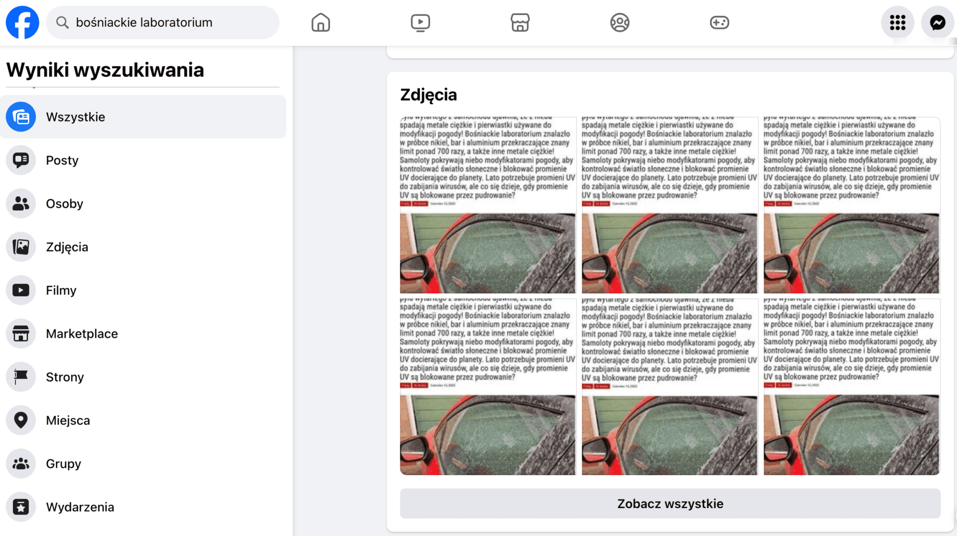 Zrzut ekranu z wyszukiwarki Facebooka. W wynikach sześć identycznych miniatur tłumaczenia artykułu z czeskiej strony. 