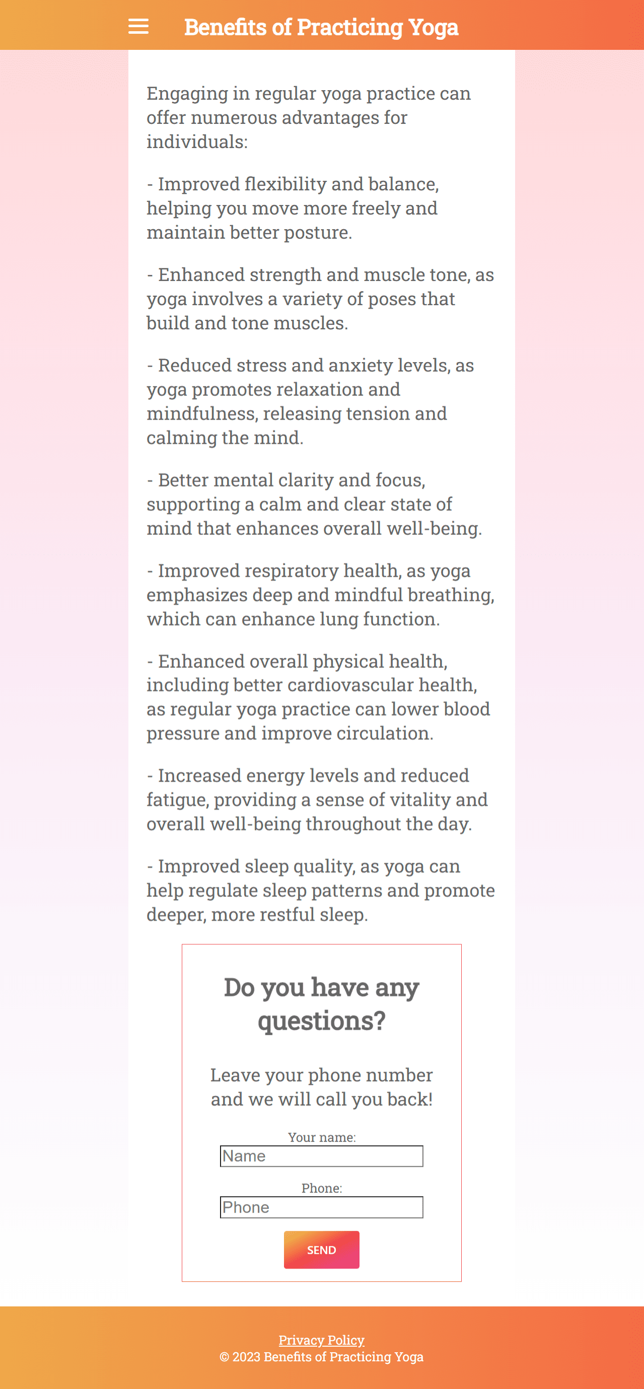 Zrzut ekranu ze strony oszustów. Krótki artykuł opisujący zalety praktykowania jogi po angielsku oraz formularz kontaktowy. 