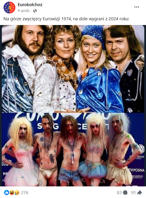 Zrzut ekranu wpisu, który przedstawiał dwie grupy muzyczne, w tym zespół ABBA i nieznane ugrupowanie. Zgodnie z opisem to zwycięzcy Eurowizji z różnych lat.