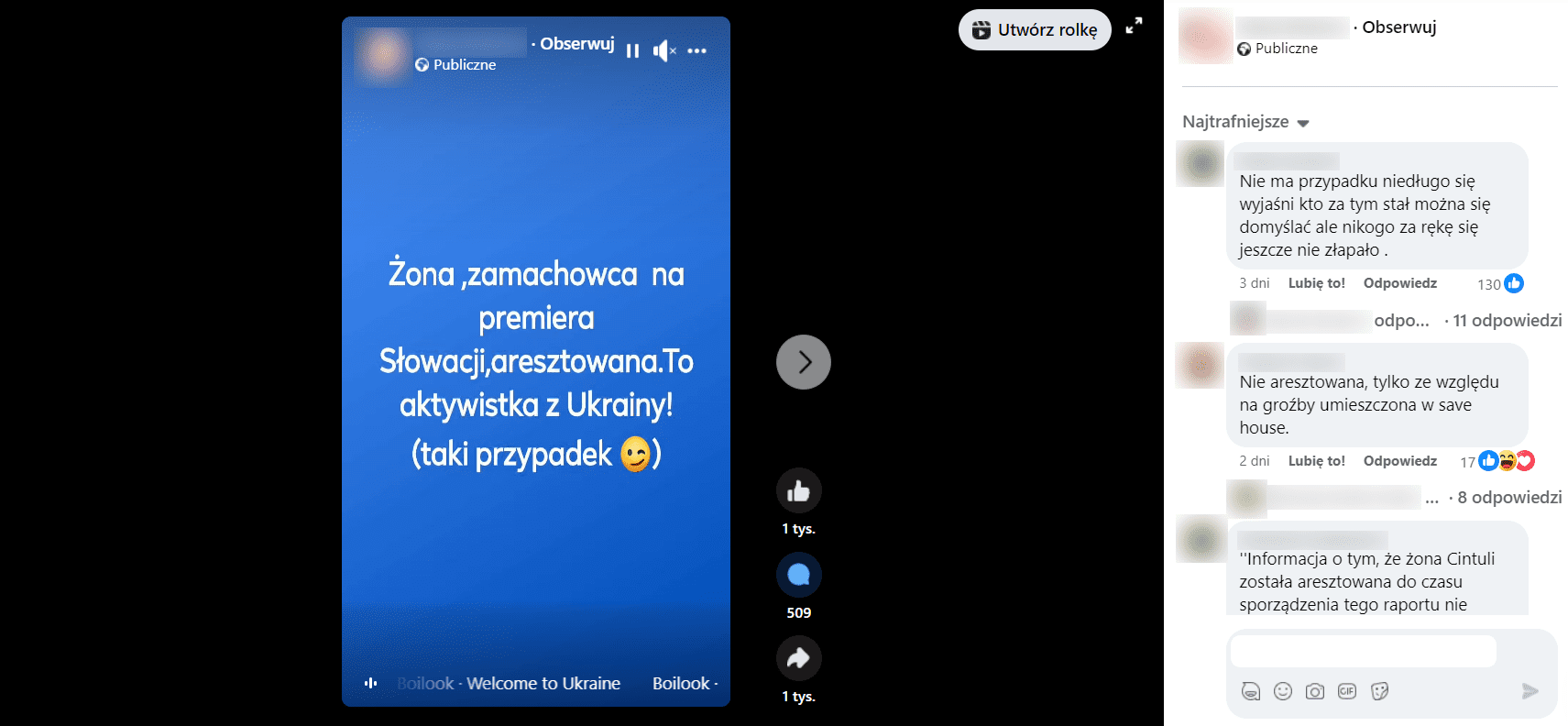 Zrzut ekranu z rolki na Facebooku. Niebieskie tło, na którym napisano, że żona mężczyzny, który postrzelił premiera Słowacji została aresztowana. 