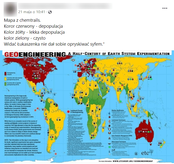 Zrzut ekranu posta na Facebooku. Widzimy na nim mapę świata z zaznaczonymi na czerwono, zielono lub żółto obszarami. 