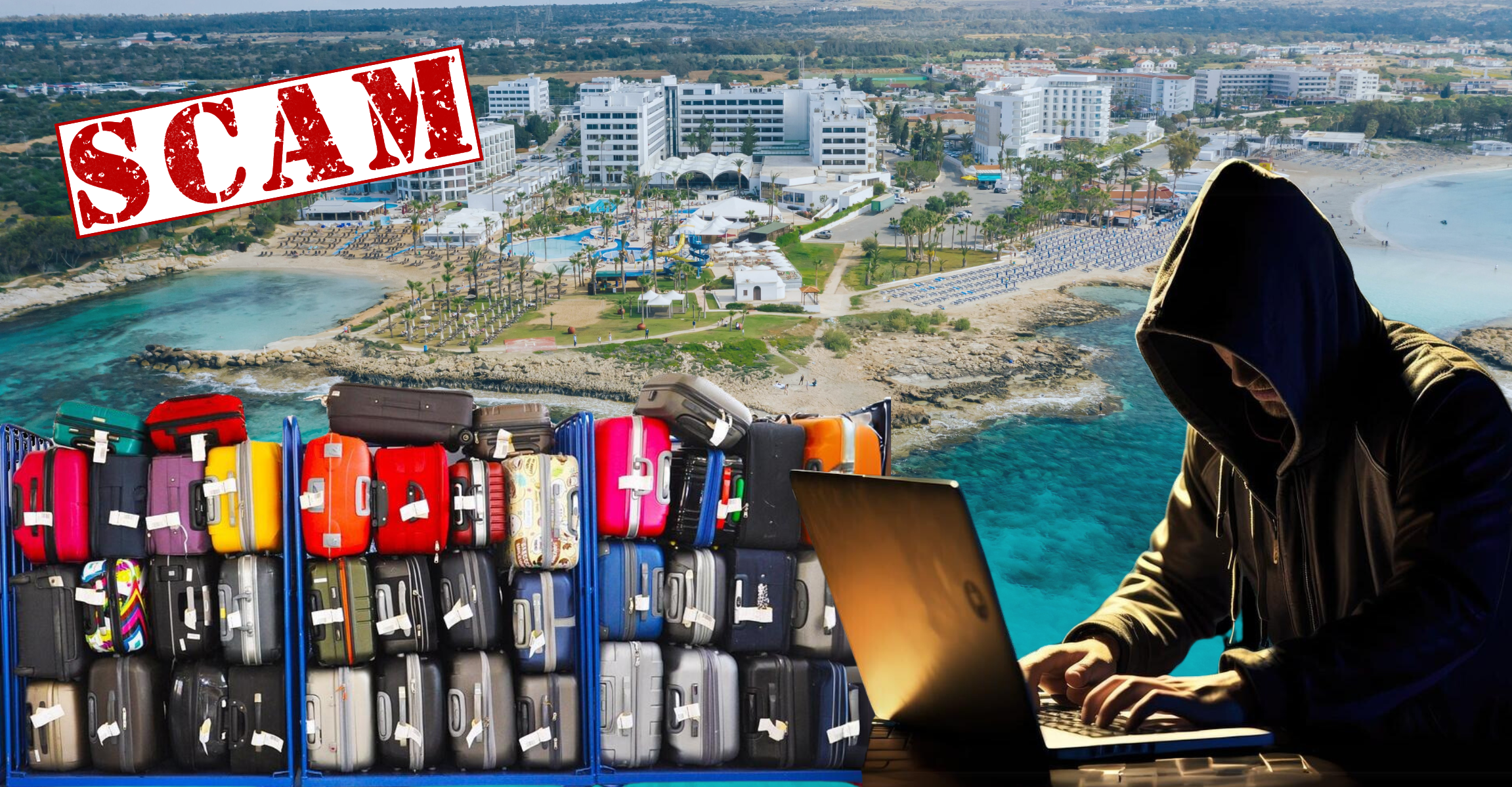 Panoramiczne ujęcie wyspy w tle, a na nim, walizki poustawiane na wózkach lotniskowych, ubrana w bluzę z kapturem osoba pisząca coś na laptopie, czerwony napis scam u góry.