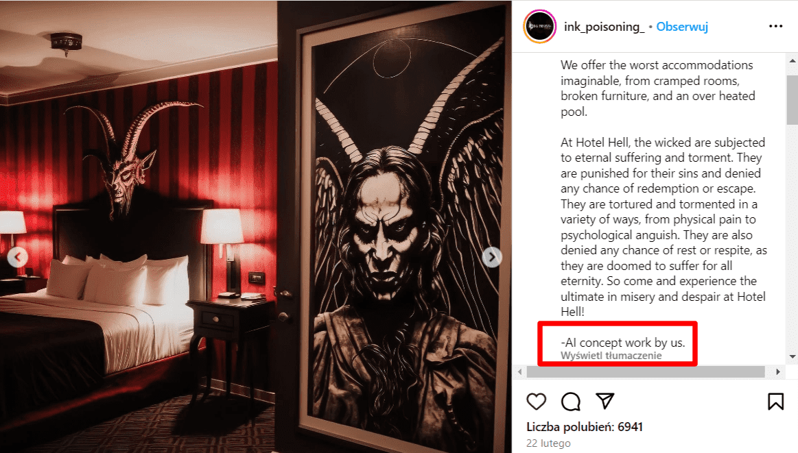 Zrzut ekranu wpisu na Instagramie, w którym opisano koncepcję satanistycznego hotelu w Tekasie. Na dole umieszczono informację, że to praca koncepcyjna stworzona przez sztuczną inteligencję.