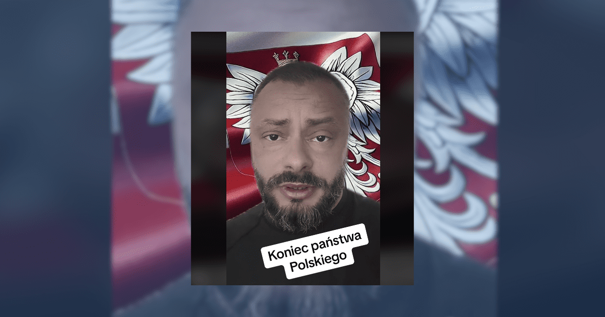 screen z TikToka, mężczyzna z flagą Polski w tle