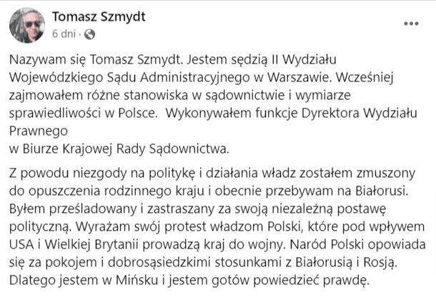 Zrzut ekranu wpisu na Facebooku, w którym Tomasz Szmydt opisywał swoją ucieczkę na Białoruś.
