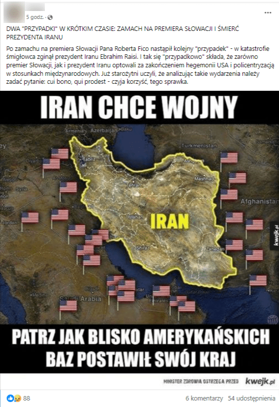 Obrazek opublikowany wraz z postem o rzekomej odpowiedzialności USA za śmierć prezydenta iranu. Widać na nim mapę z podświetlonym Iranem a także z sąsiadującymi krajami. Na ich terytorium doklejono amerykańskie flagi mające symbolizować rozmieszczenia baz wojskowych USA w tym rejonie. 