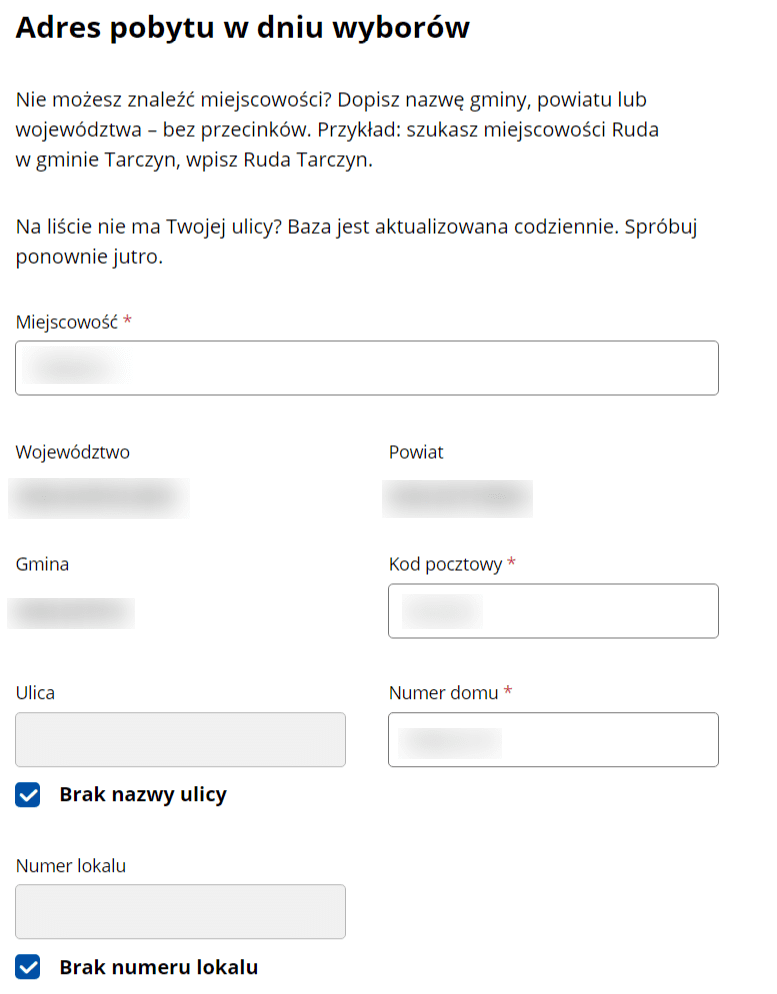 zrzut ekranu ze strony gov.pl przedstawiający formularz na adres