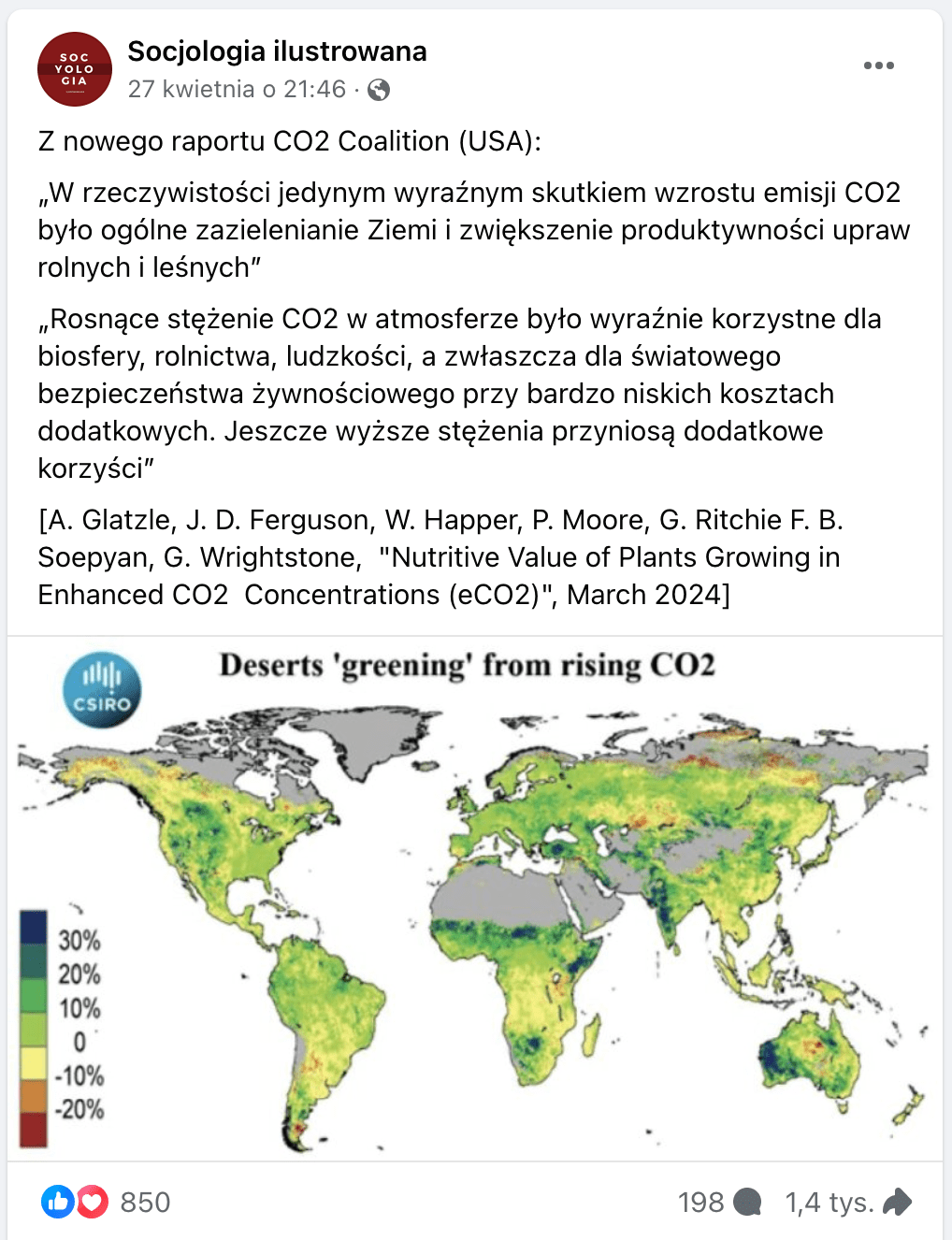 Zrzut ekranu posta na Facebooku. Dołączono do niego mapę, na której zaznaczono „zielenienie” terenów pustynnych w związku z wyższym stężeniu CO2.