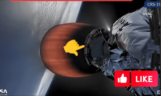 Na grafice widoczna jest część rakiety Falcon 9 w trakcie lotu w kosmos. Po lewej stronie znajduje się planeta Ziemia, od której rakieta się oddala. Fotografia jest skompresowana do niskiej jakości. Silnik rakiety jest rozgrzany do czerwoności, ale jego powierzchnia jest rozmyta. Nie widzimy elementów i komponentów. Na silniku znajduje się mały niezidentyfkowany obiekt, który przypomina mysz. Wskazuje na niego wklejona graficznie emotikona dłoni z wyciągniętym palcem.