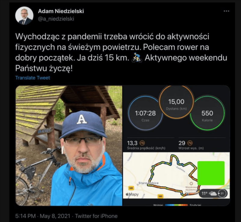 Zrzut ekranu z wpisu Adama Niedzielskiego na temat jego treningu rowerowego. Na jednym z dołączonych materiałów było widać jego trasę.