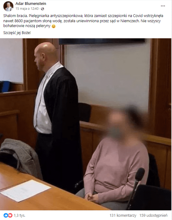 Wpis na profilu Adar Blumenstein z dołączonym zdjęciem z sali sądowej. Widać na nim ławę, na której siedzi kobieta z zamazaną twarzą. Obok niej stoi mężczyzna w todze i białej koszuli