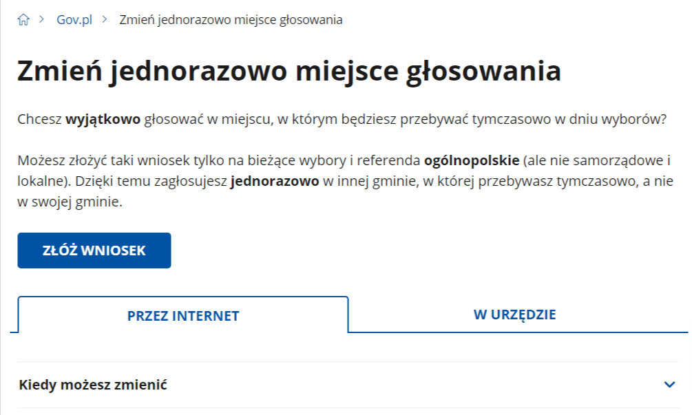 Zrzut ekranu ze strony gov.pl przedstawiający wybór opcji zmiany miejsca głosowania