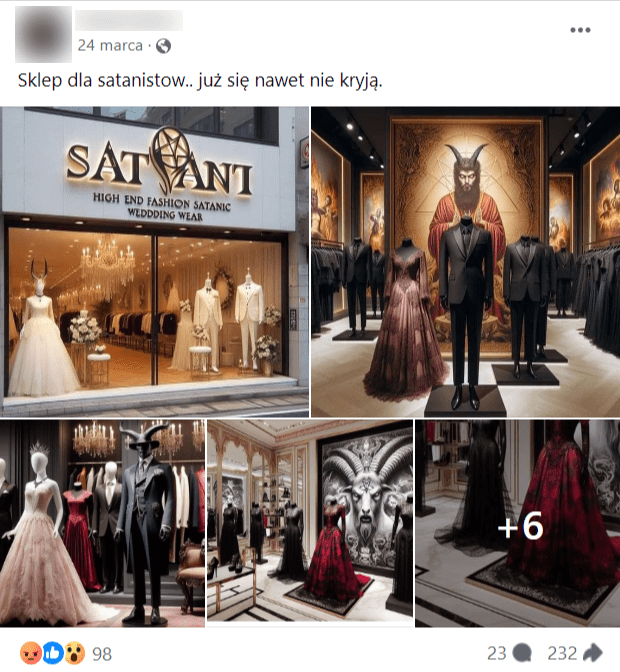 Zrzut ekranu wpisu na Facebooku, w którym przedstawiono fotografię rzekomego sklepu dla satanistów. Na obrazach widać wnętrza wypełnione obrazami demonów oraz ekstrawaganckimi ubraniami.