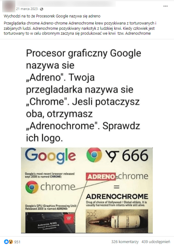 Wpis na Facebooku z grafiką wskazującą, że przeglądarka Chrome i procesor Adrenome zostały stworzone przez Google i stanowią dowód na prawdziwość teorii spiskowej o adrenochromie.