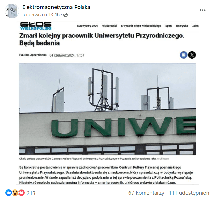 Zrzut ekranu posta na Facebooku. Widzimy anteny 5G na dachu budynku oraz fragment artykułu ze strony „Głos Wielkopolski”. 213 reakcji, 67 komentarzy, 111 udostępnień. 