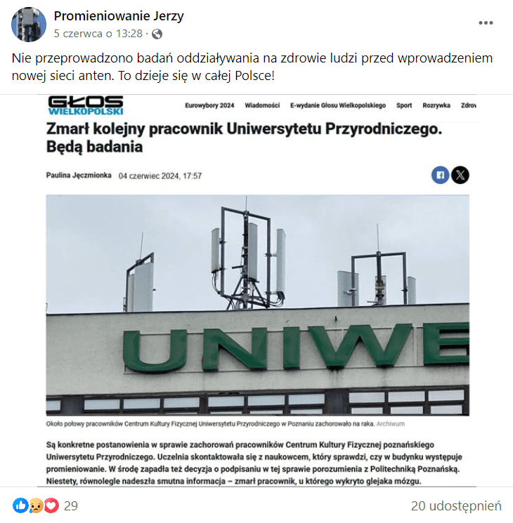 Zrzut ekranu posta na Facebooku. Widzimy anteny 5G na dachu budynku oraz fragment artykułu ze strony „Głos Wielkopolski”. 29 reakcji, 20 udostępnień.