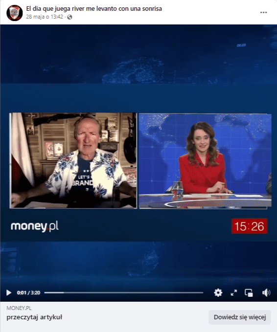 Wpis na Facebooku, na którym widać Wojciecha Cejrowskiego siedzącego przed mikrofonem, a także w osobnym kadrze ubraną na czerwono dziennikarkę siedzącą w telewizyjnym studiu.