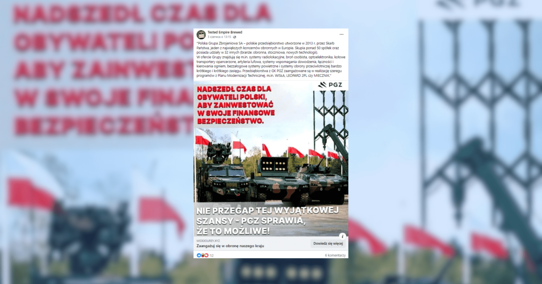 Screenshot przedstawiający fałszywą rzekomą ofertę zarobku poprzez inwestycje Polskiej Grupy Zbrojeniowej. To oszustwo.