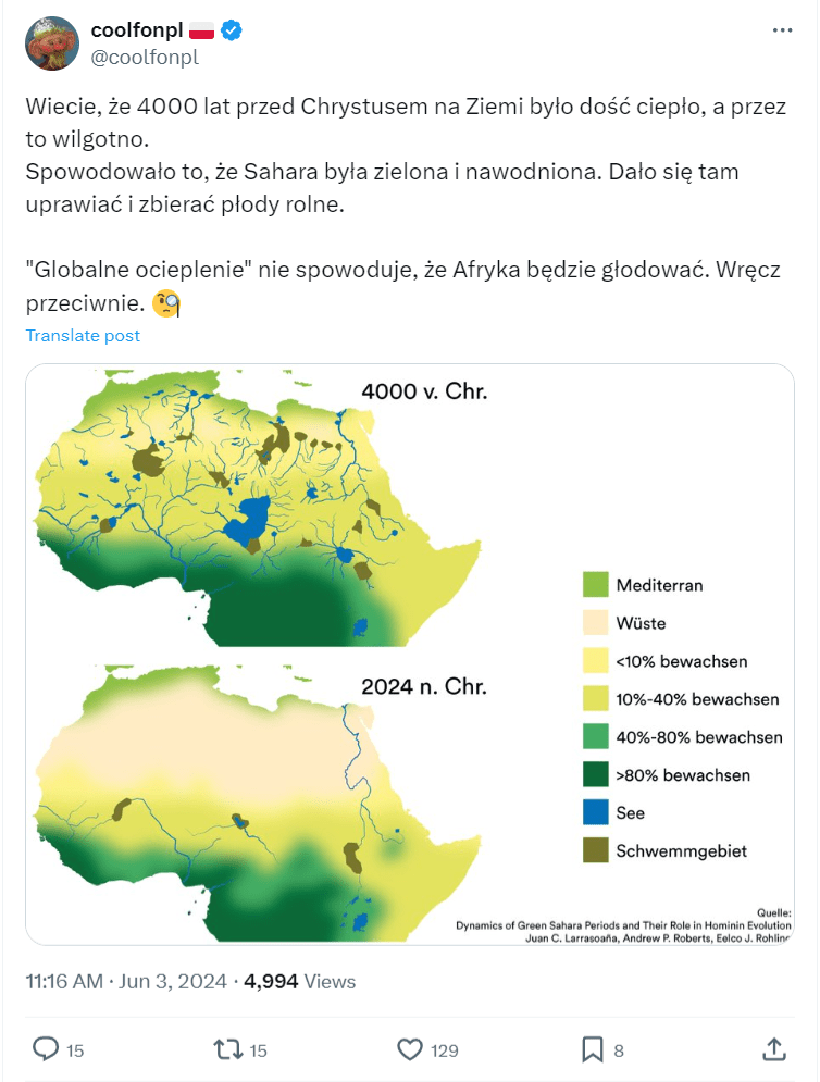 Zrzut ekranu wpisu na portalu X. Widzimy na nim dwie, kolorowe mapy przedstawiające obszar zajmowany przez Saharę. 15 komentarzy, 15 udostępnień, 129 reakcji, 4,9 tys. wyświetleń. 