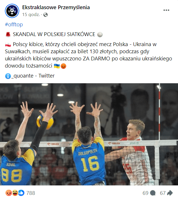 ALT: Zrzut ekranu z posta na Facebooku. Zdjęcie z meczu Polska-Ukraina. W opisie informacja, że ukraińscy kibice weszli na mecz za darmo, a Polacy musieli za niego zapłacić. 788 reakcji, 69 komentarzy, 67 udostępnień. 