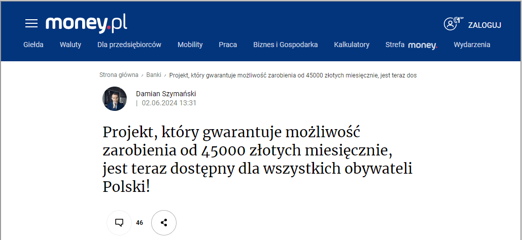 Strona przypominająca artykuł opublikowany przez portal Money.pl
