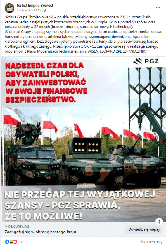 Wpis na Facebooku zachęcający do rzekomych inwestycji na platformie Polskiej Grupy Zbrojeniowej. Grafika przestawia sprzęt wojskowy stojący na placu. Za sprzętem wiszą biało-czerwone flagi