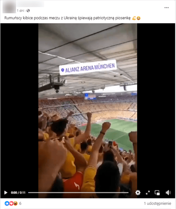 Wpis na Facebooku z nagraniem cieszących się kibiców rumuńskiej reprezentacji. Kadr przedstawia widok z trybuny stadionu, a wokół nagrywającego stoją osoby w koszulkach reprezentacji Rumunii 