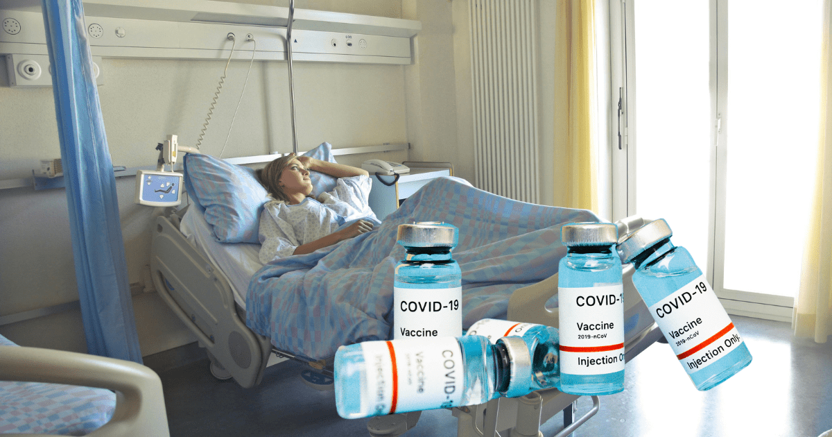 osoba leżąca na łóżku w szpitalu, fiolki ze szczepionką