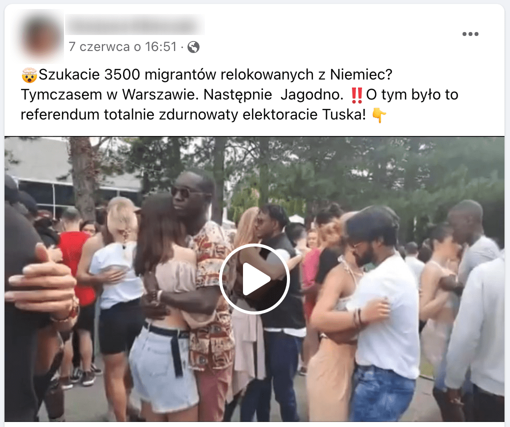 Zrzut ekranu omawianego posta na Facebooku. W kadrze filmu są tańczące pary. Kilka z nich to czarnoskóry mężczyzna tańczący z białoskórą kobietą. 