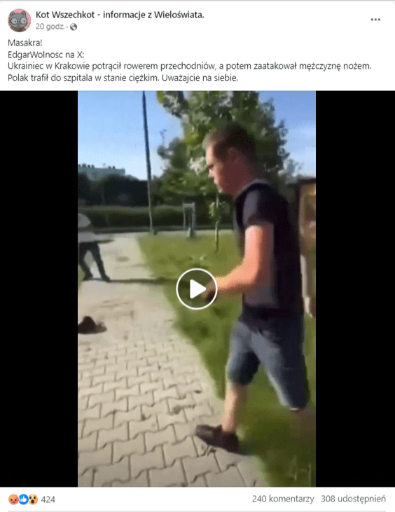 Film na Facebooku przedstawiający sytuację z nożownikiem z Krakowa. We wpisie dowiadujemy się, że napastnik rzekomo był Ukraińcem