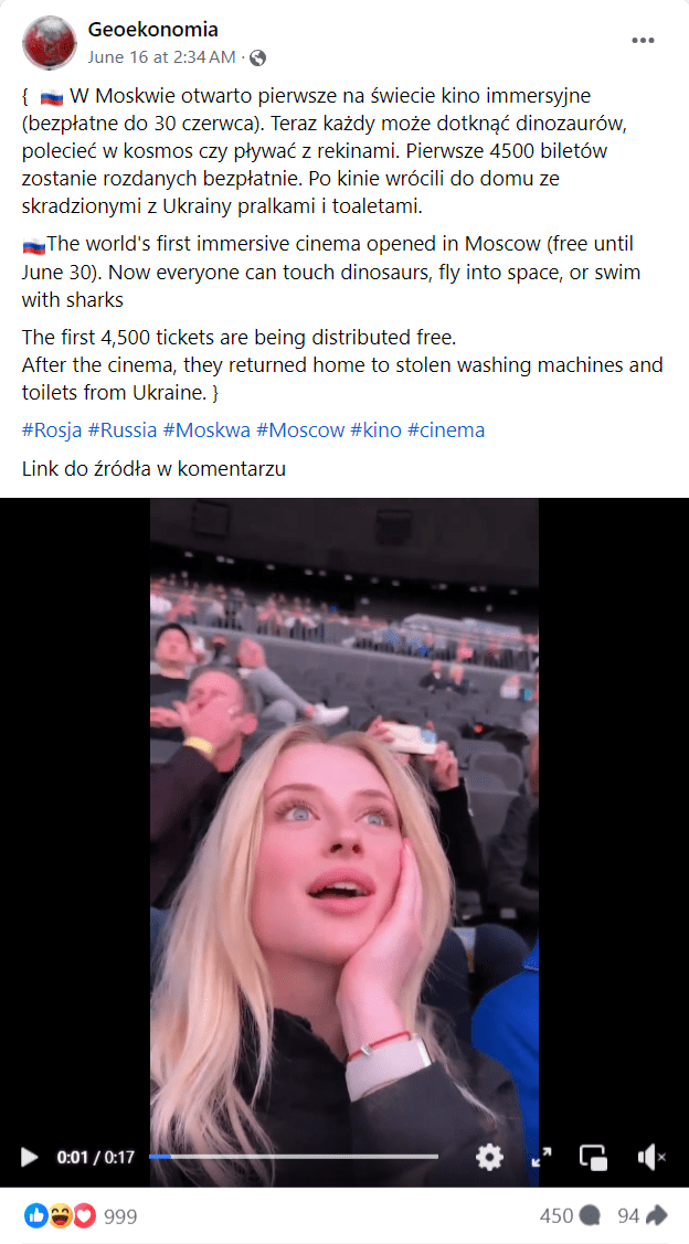 Zrzut ekranu z posta na Facebooku. Kobieta siedząca w kinie z wyrazem zachwytu na twarzy. 999 reakcji, 450 komentarzy i 94 udostępnienia. 