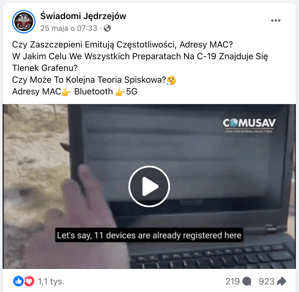 Zrzut ekranu posta na Facebooku. W kadrze załączonego filmu jest ekran laptopa oraz sięgająca w jego kierunku dłoń.