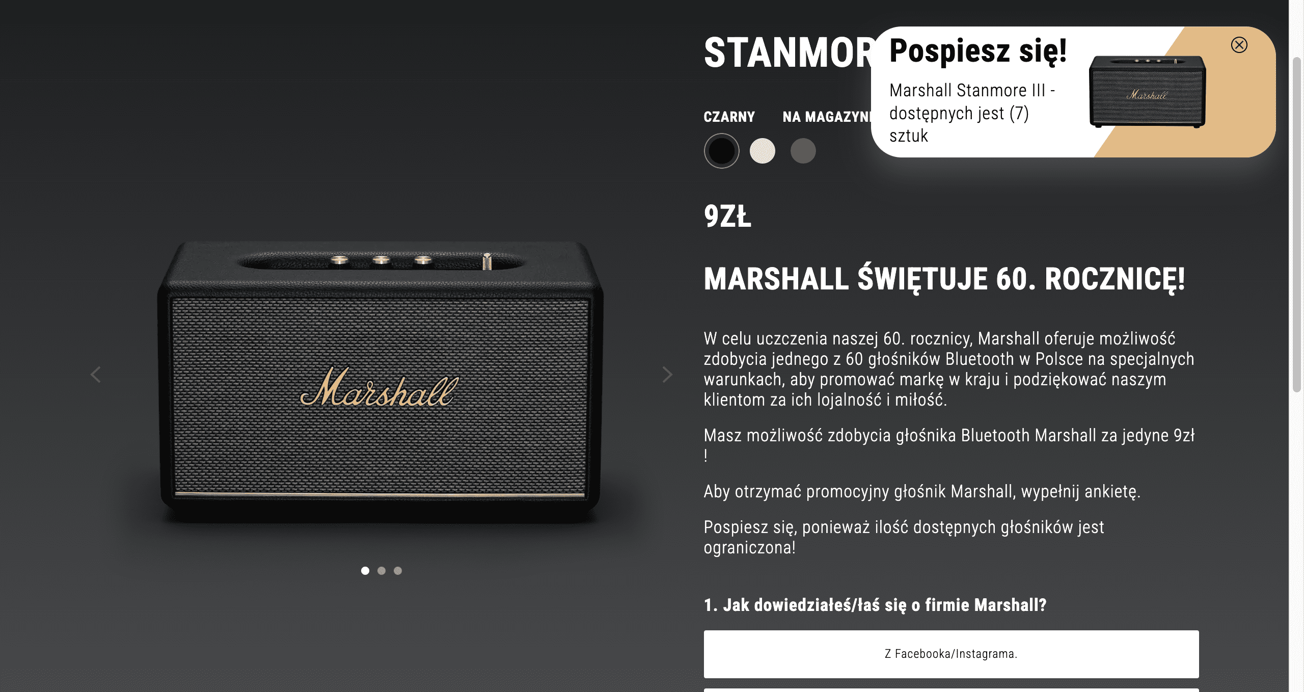 Zrzut ekranu strony z „wnioskiem" o dostarczenie głośnika. Widać na niej czarny głośnik firmy Marshall na czarnym tle.