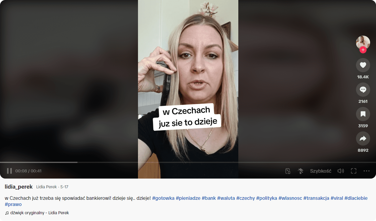 Na filmie widać kobietę rozmawiającą przez telefon oraz napis „w Czechach już się to dzieje”. Film zdobył 18400 polubień, 2161 komentarzy i 8892 udostępnienia